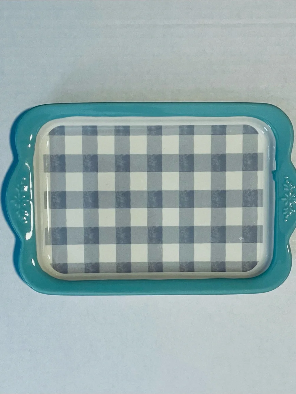 *EUC* Pioneer Woman Sweet Romance Gingham Design-DBL Butter Dish Base -Blue~Grey